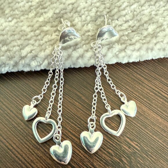 NEW Triple Heart Earrings Silver Plated Hollow Heart Drop Earrings - Picture 2 of 9